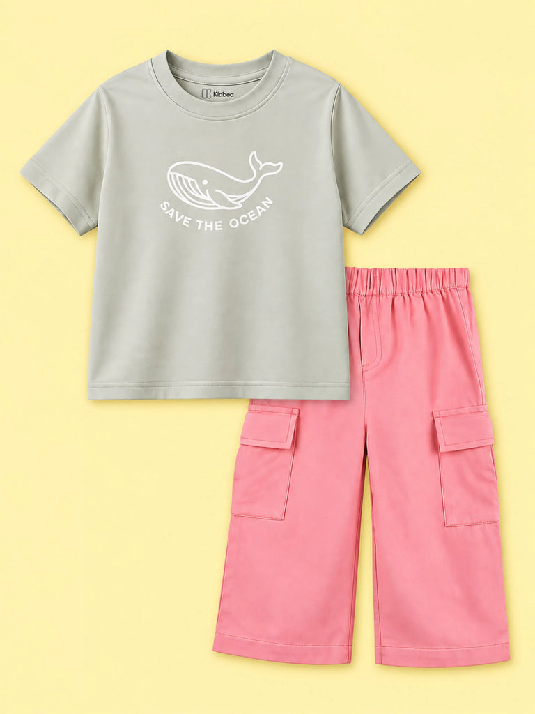Girls Cotton Co-Ord Set – Grey Whale T-Shirt & Pink Cargo Pants