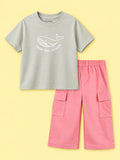 Girls Cotton Co-Ord Set – Grey Whale T-Shirt & Pink Cargo Pants