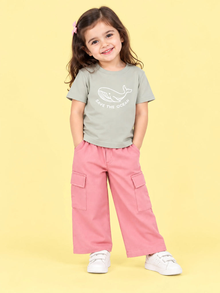 Girls Cotton Co-Ord Set – Grey Whale T-Shirt & Pink Cargo Pants
