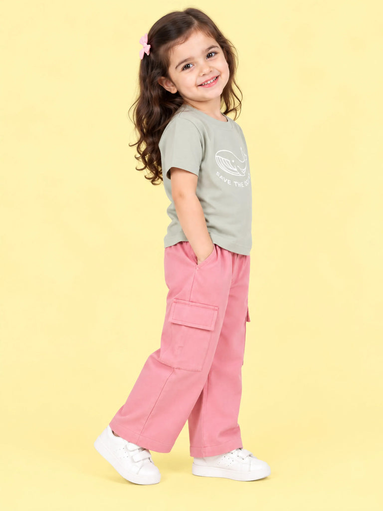Girls Cotton Co-Ord Set – Grey Whale T-Shirt & Pink Cargo Pants