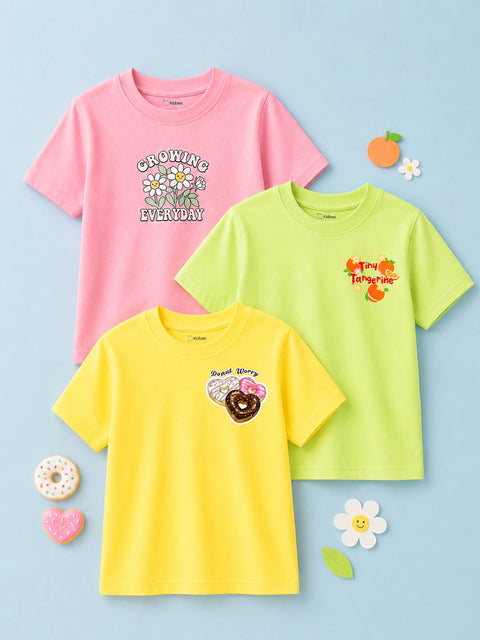 Bamboo Fabric Girls Half Sleeve T-Shirt Pack of 3 – Growing Everyday, Tiny Tangerine & Donut Graphic Print Soft Summer Tee Set
