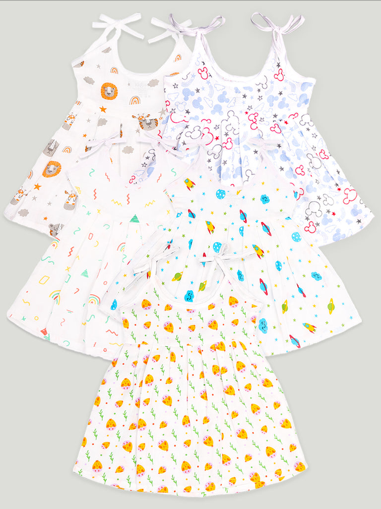 Kidbea Extra Soft Muslin Cotton Fabric Baby Girls Frock | Pack of 5 | Mickey, Tiger, Space, Rainbow and Cute Chick | Print May Vary