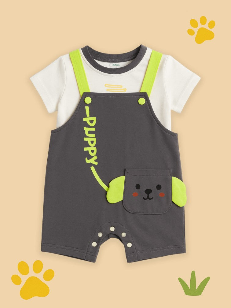 Kidbea Unisex Dungaree Set in Grey – Adorable Puppy Print Overalls with Soft White T-Shirt for Infants