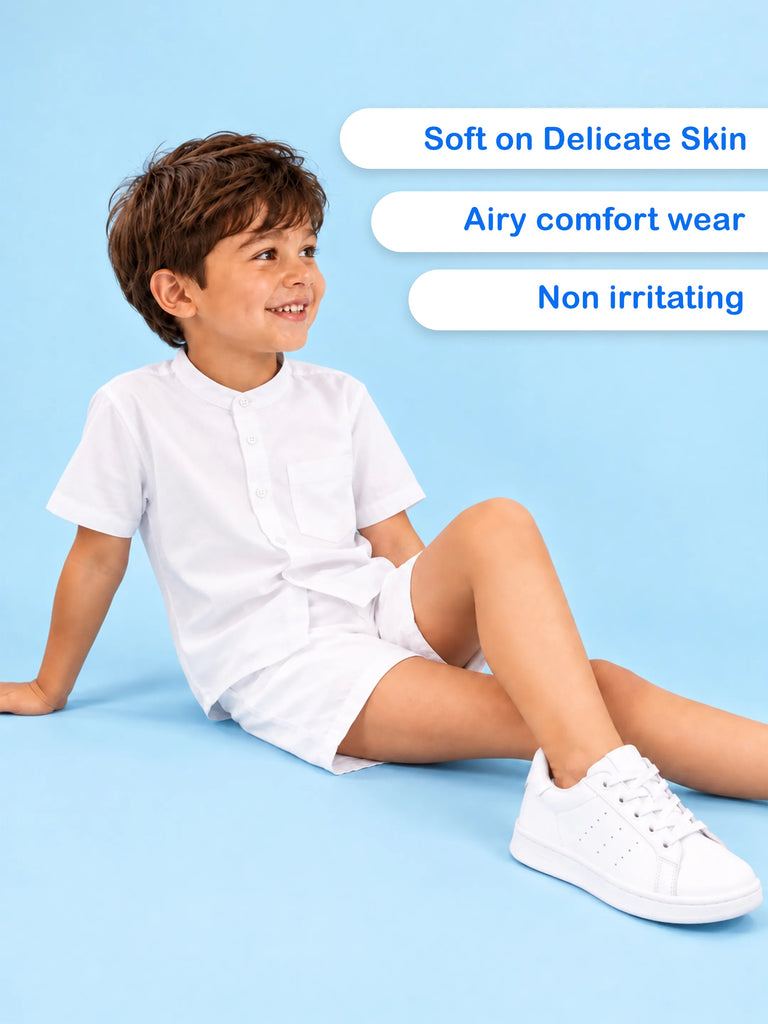 Boys White Cotton Mandarin Collar Shirt – Short Sleeve Casual Shirt