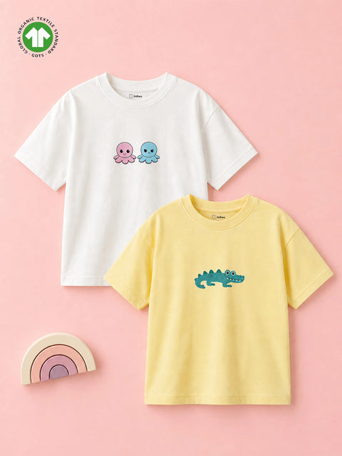 Unisex Oversized Crocodile & Octopus Organic Cotton T-Shirt Combo (Pack of 2)