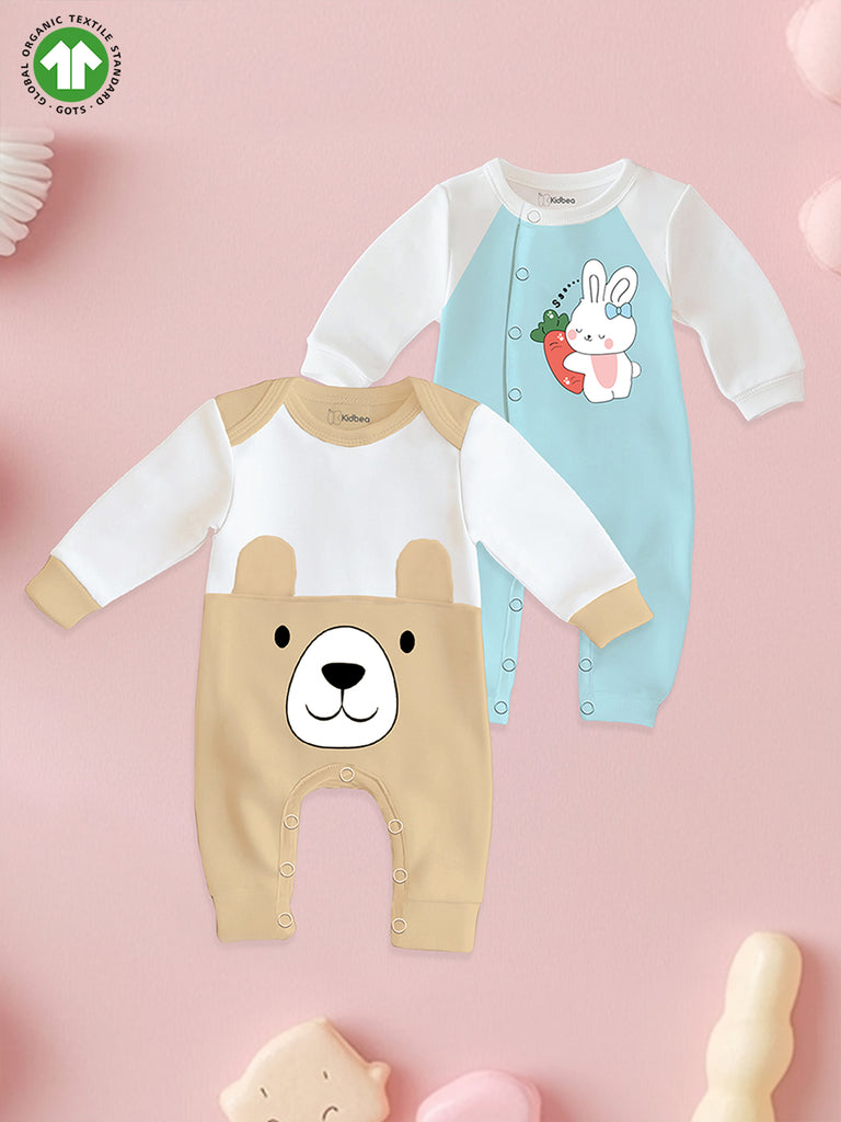 Pack of 2 Full Sleeves 100% Organic cotton Bear | Bunny Printed Romper – Blue & Beige