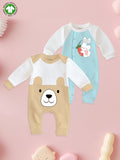 Pack of 2 Full Sleeves 100% Organic cotton Bear | Bunny Printed Romper – Blue & Beige