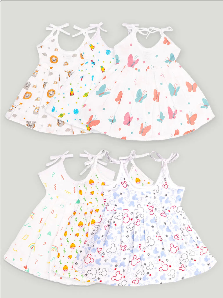 Extra Soft Muslin  Fabric Baby Girls Frock | Pack of 6 | Mickey, Tiger, Space, Rainbow, Butterfly and Cute Chick Print