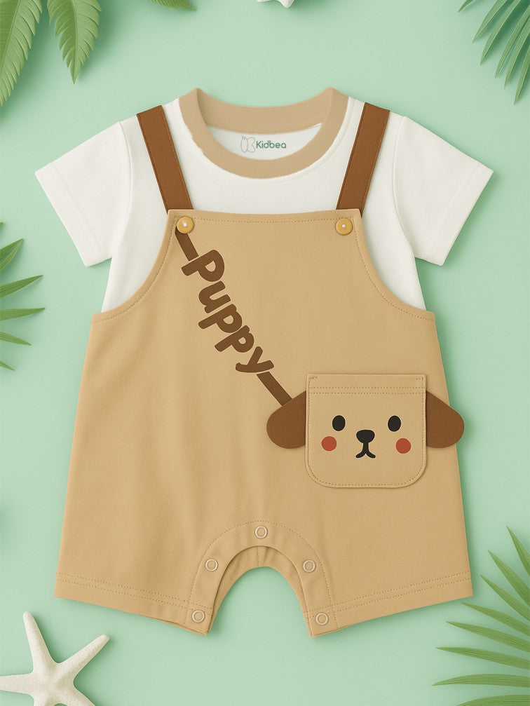 Kidbea Unisex Dungaree Set in Brown – Earthy Tone Puppy Design Overalls Paired with Matching Tee