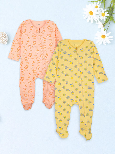 Organic Cotton Baby Romper Pack of 2 – Lemon & Bunny Print Full Sleeve Zip Sleepsuit