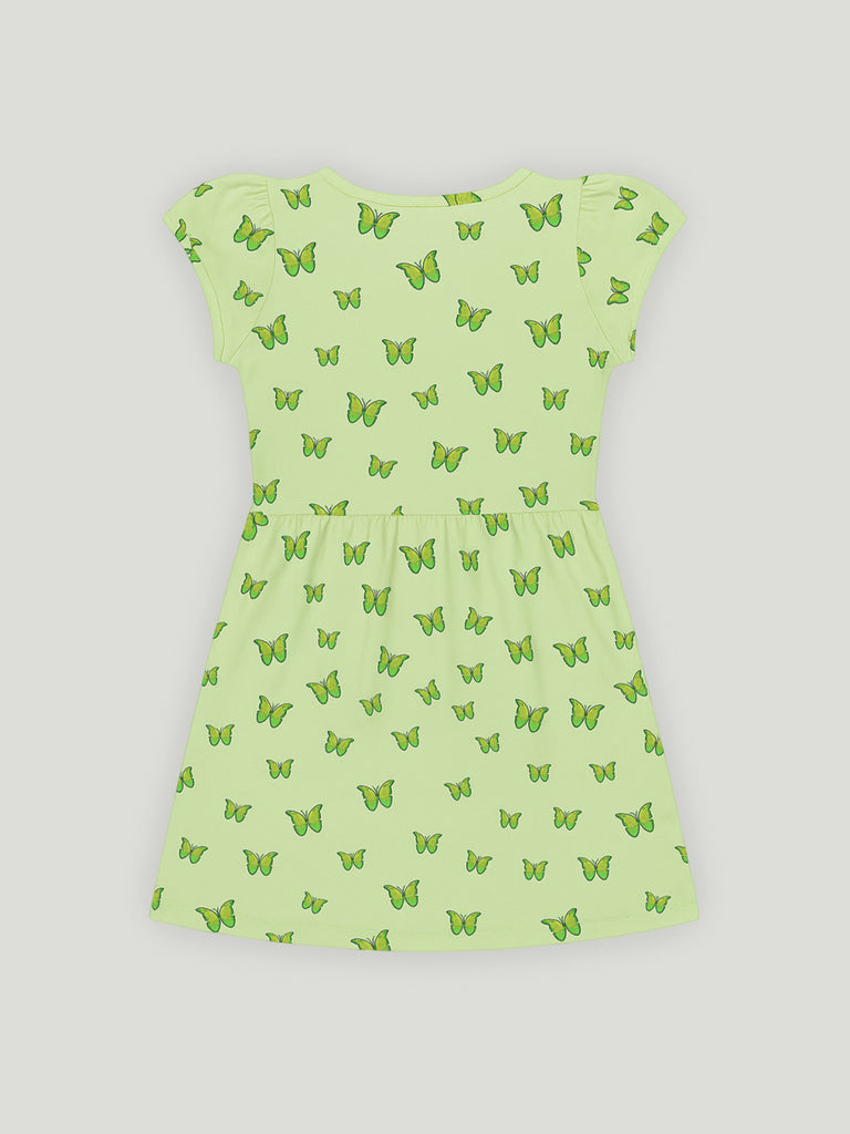 Kidbea Girls Cotton Frock | Butterfly Printed Summer Dress | Short Sleeve Casual Wear Kids | Green