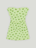 Kidbea Girls Cotton Frock | Butterfly Printed Summer Dress | Short Sleeve Casual Wear Kids | Green