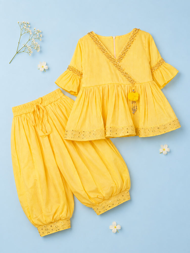 Girls Yellow Ethnic Kurta & Dhoti Set – Embroidered Festive Wear