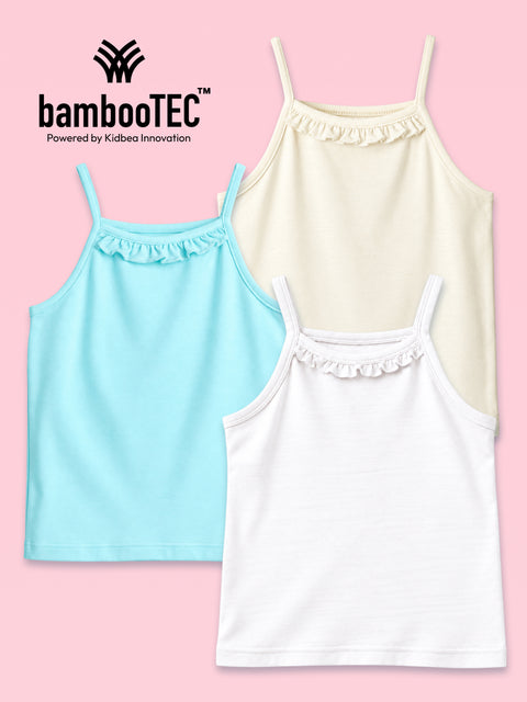 BambooTEC™ Girls Camisole Pack of 3 – Pink, Blue & Cream Ruffle Strap Tops