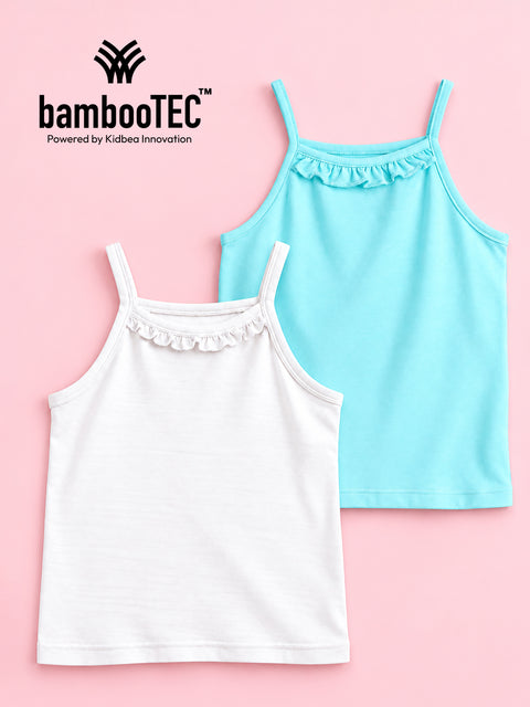 BambooTEC™ Girls Camisole Pack of 2 – White & Aqua Blue Ruffle Strap Tops