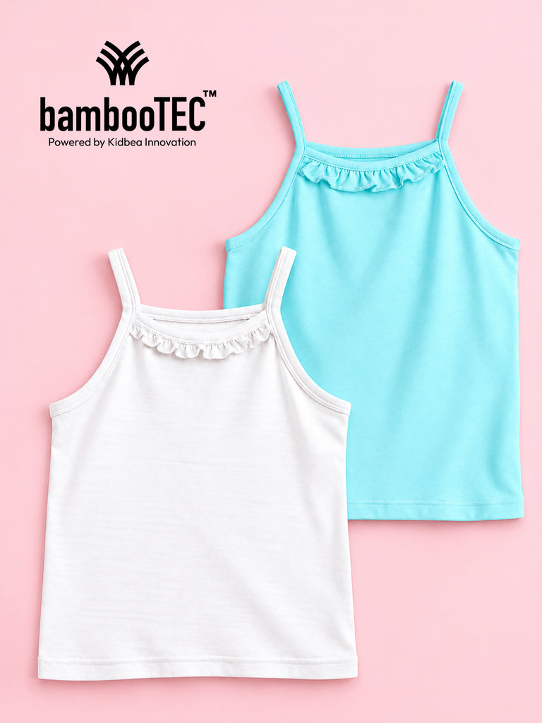 BambooTEC™ Girls Camisole Pack of 2 – White & Aqua Blue Ruffle Strap Tops