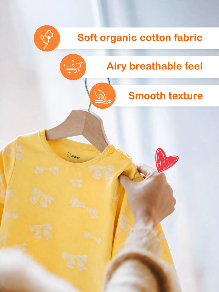 Organic Cotton Unisex Baby Co-ord Set – Soft Breathable Yellow Bow Print Full Sleeve T-shirt & Pyjama for Infants