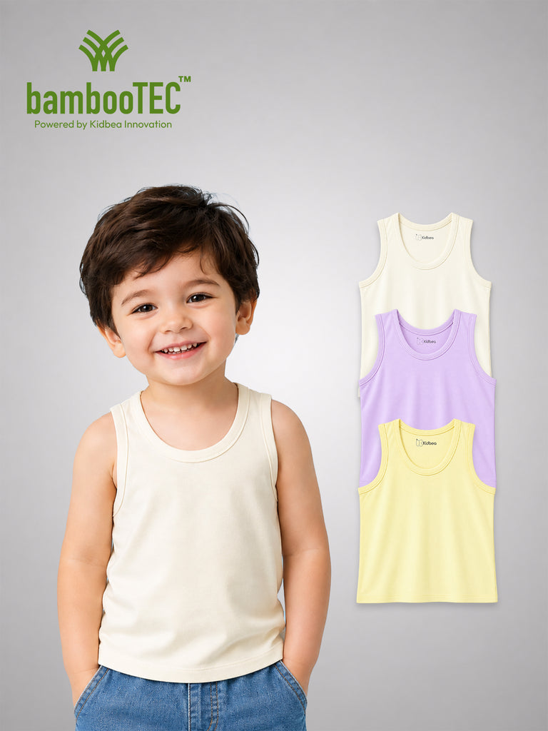 BambooTEC™ Bamboo Kids Vest Pack of 3 – Cream, Lavender & Yellow Sleeveless Vests
