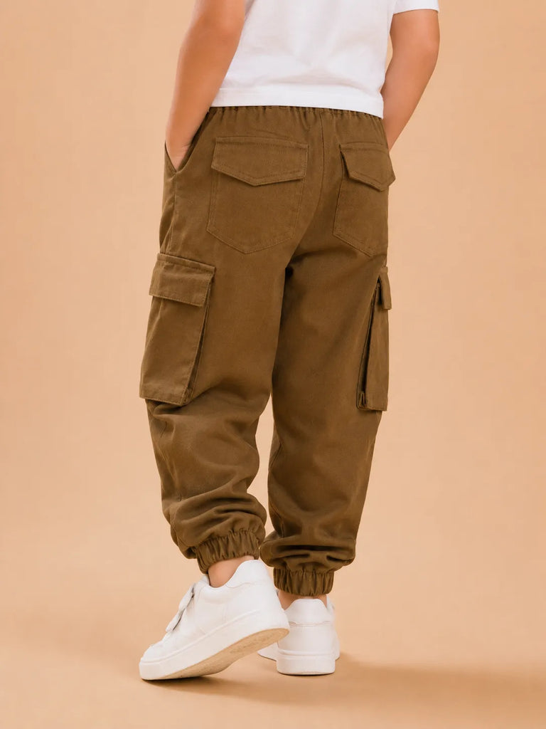 Unisex Cotton Kids Cargo Jogger Pants – Light Brown Comfortable Bottomwear