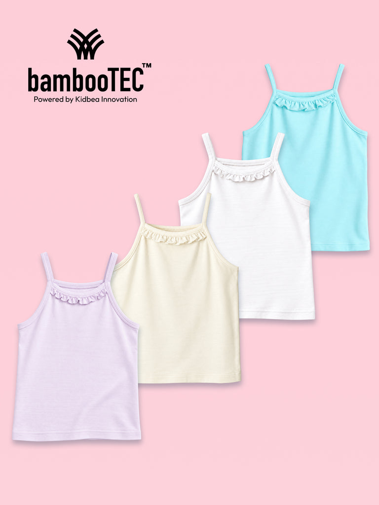 BambooTEC™ Girls Camisole Pack of 4 – Pink, Blue, White & Cream Ruffle Tops