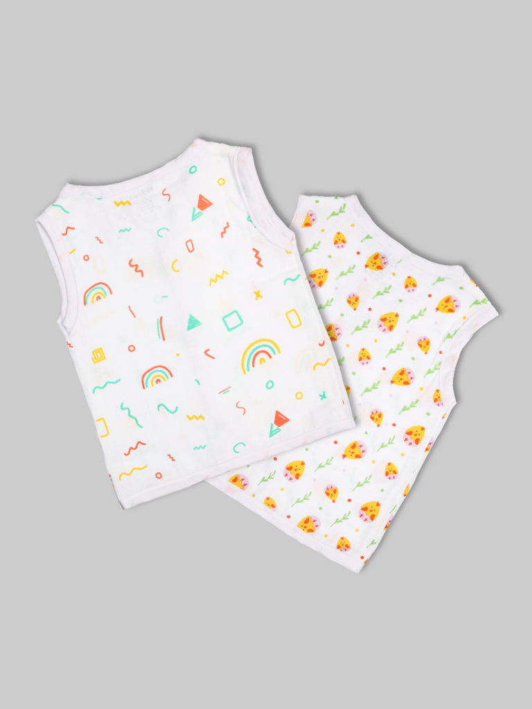 Kidbea Muslin Cotton Pack of 2 Jhabla | Rainbow & Cute chick | Assorted | Print May Vary