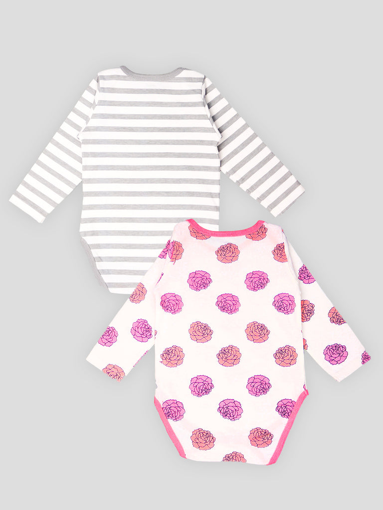 Kidbea 100% Organic cotton baby Pack of 2 onesies Unisex |  Strips - Grey and Flower - Pink
