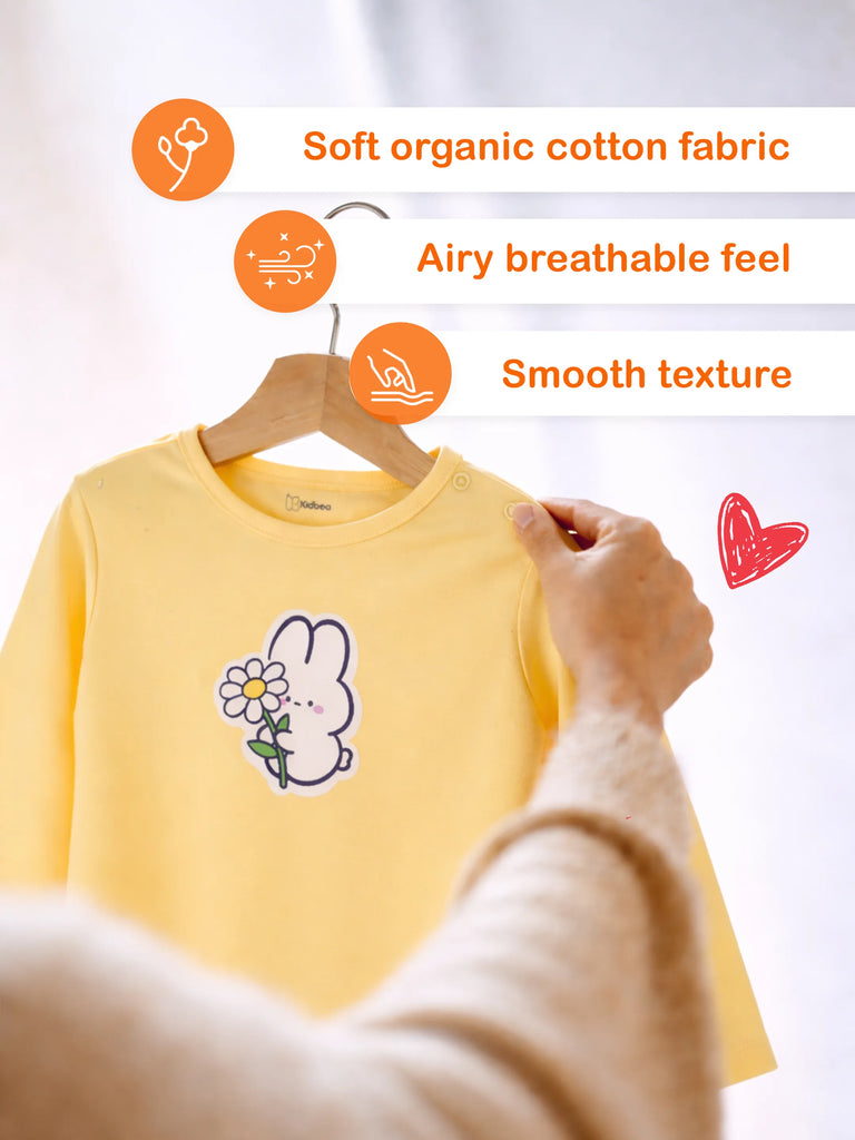 Organic Cotton Unisex Baby Co-ord Set – Soft Breathable Yellow Flower  Print Full Sleeve T-shirt & Pyjama for Infants