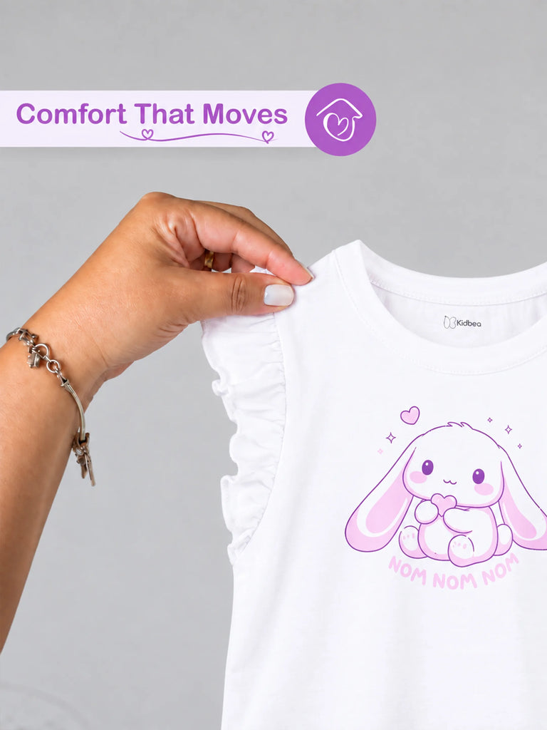 Girls White Top – Cute Bunny “Nom Nom Nom” Print with Ruffle Sleeves