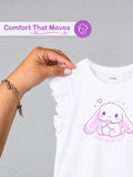 Girls White Top – Cute Bunny “Nom Nom Nom” Print with Ruffle Sleeves