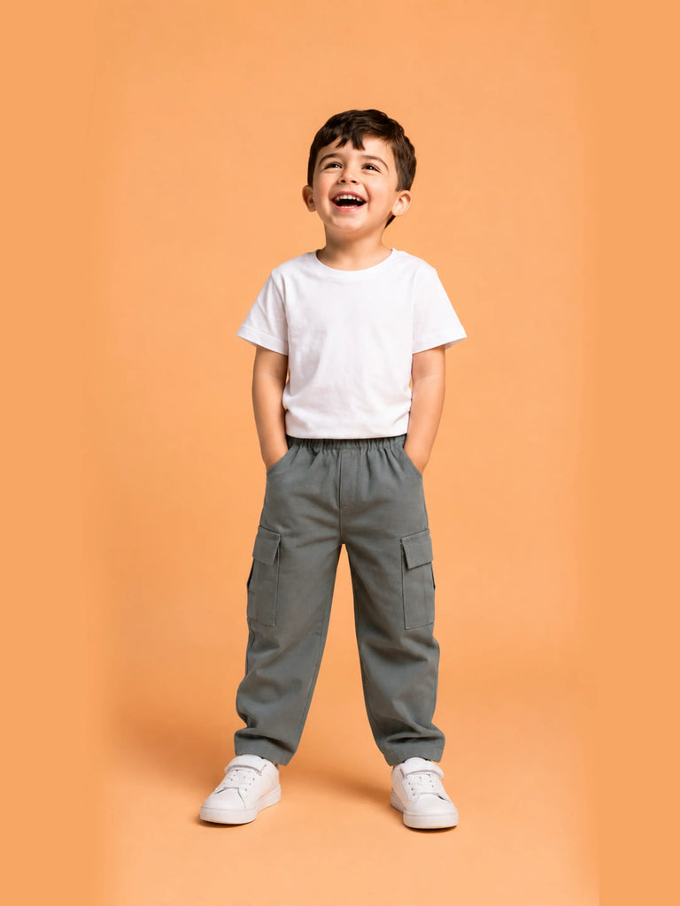 Unisex Grey Cotton Kids Cargo Pants – Comfortable Everyday Bottomwear