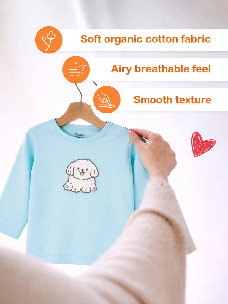 Organic Cotton Unisex Baby Co-ord Set – Soft Breathable Aqua Blue Dog Print Full Sleeve T-shirt & Pyjama for Infants