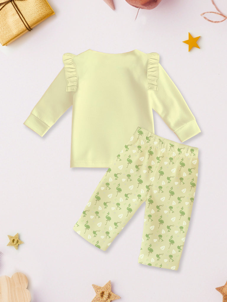 100% Bamboo Cotton Girls Full Sleeves Flamingo Printed Co-Ord Set - Soft Yellow
