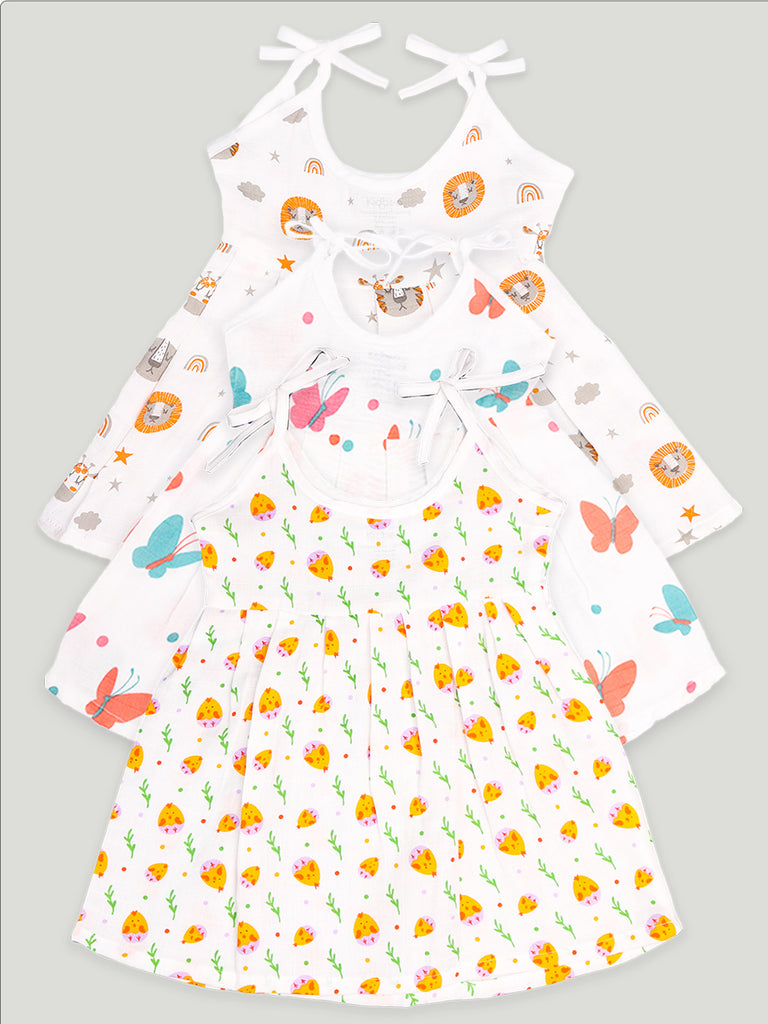 Kidbea Extra Soft Muslin Cotton Fabric Baby Girls Frock | Pack of 3 | Tiger, Cute Chick and Butterfly Print May Vary