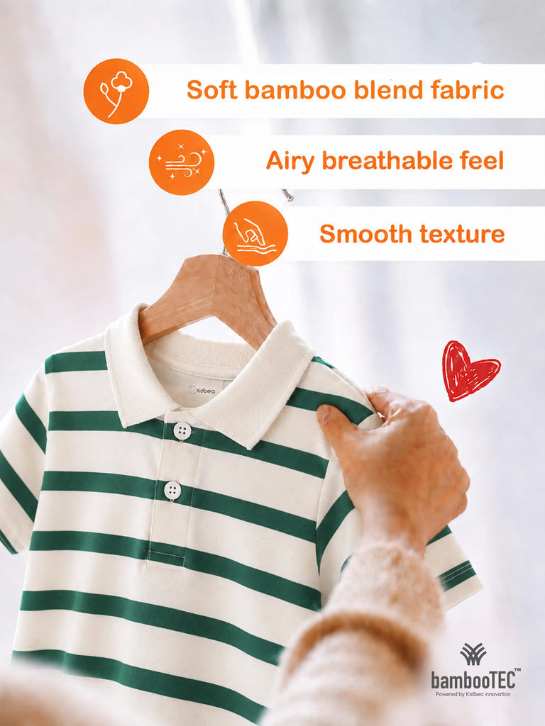 Boys Bamboo Fabric Green Striped Polo T-Shirt