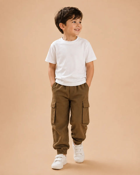 Unisex Cotton Kids Cargo Jogger Pants – Light Brown Comfortable Bottomwear