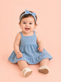 Girls Organic Cotton Sky Blue Floral Print Dress & Bloomers Set with Headband