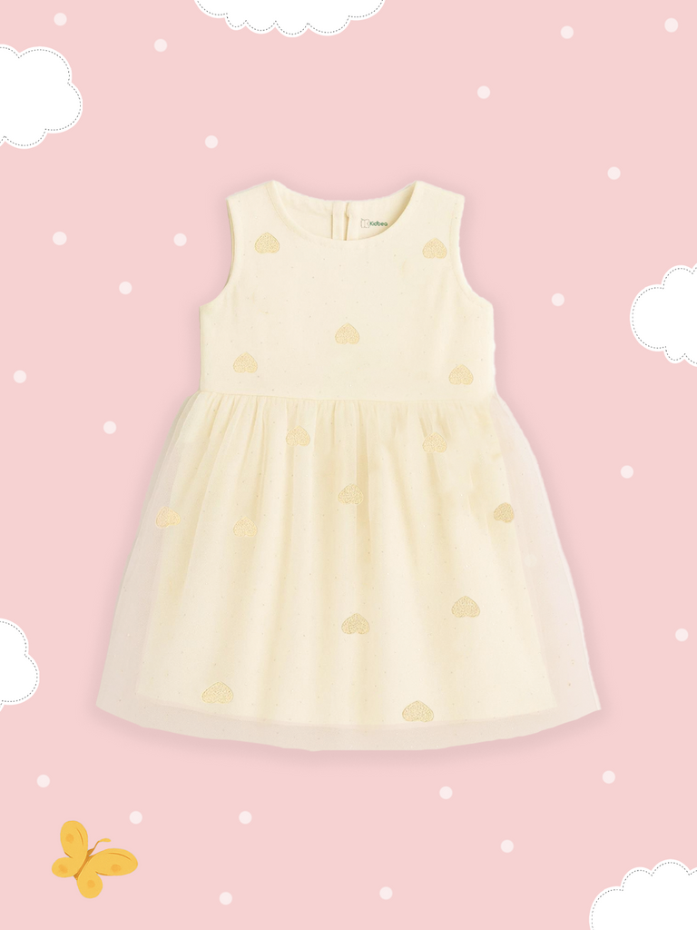 Kidbea Baby Girl Party/Birthday Dress | Sleeveless Stylish Frock with White Heart Embroidery & Tulle Layer | Ideal for Toddlers & Infants Cream