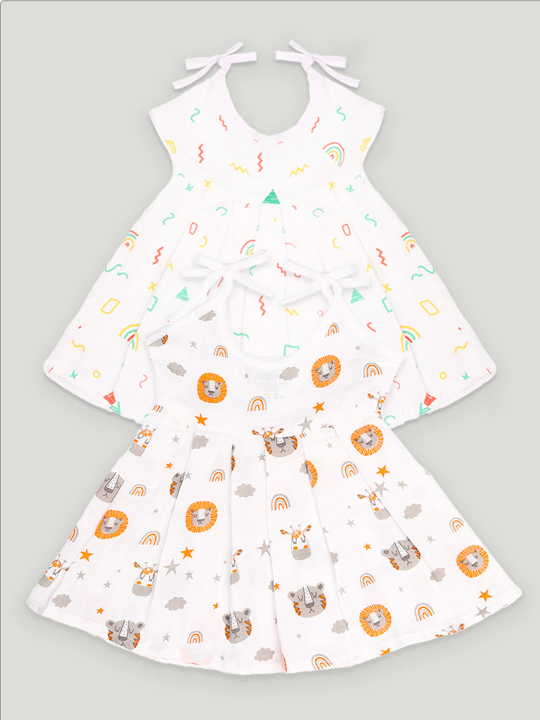 Extra Soft Muslin  Fabric Baby Girls Frock | Rainbow and Tiger Print Pack of 2