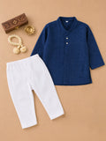 Boys Navy Blue Kurta & White Pajama Set – Traditional Festive Ethnic Wear
