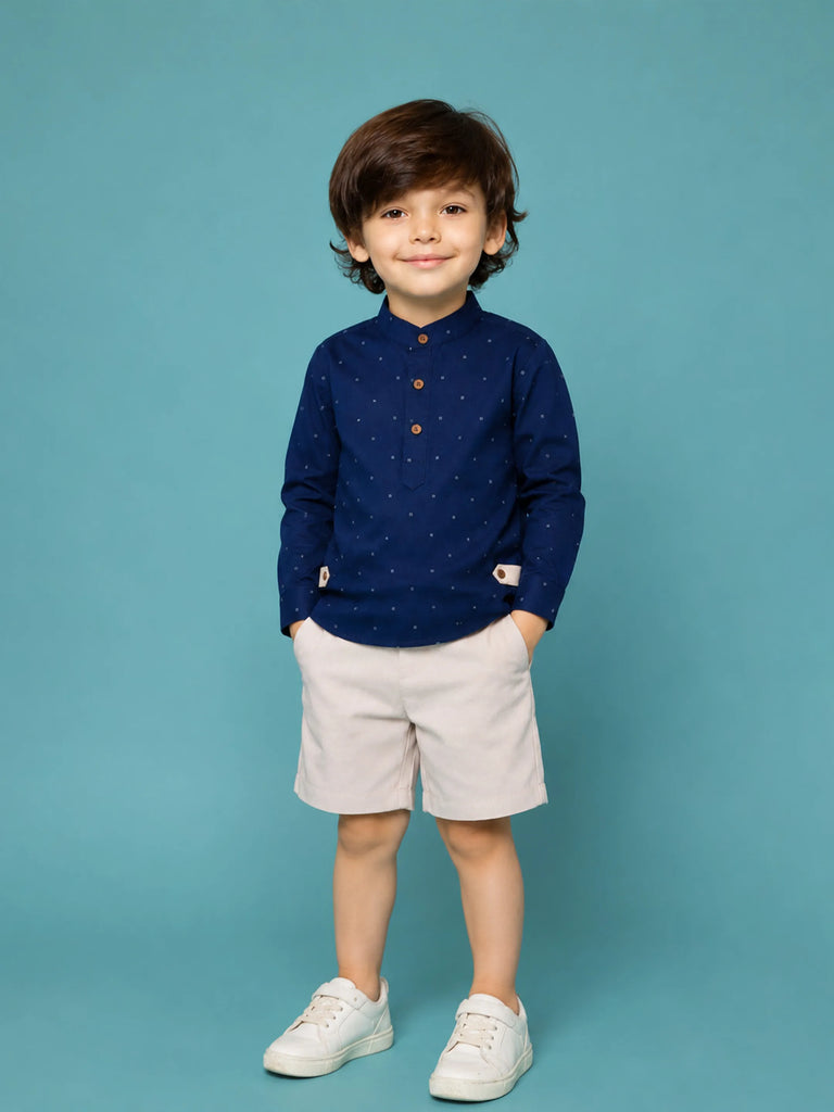 Light Organic Cotton Navy Blue Shirt & Beige Shorts Co-ord Set