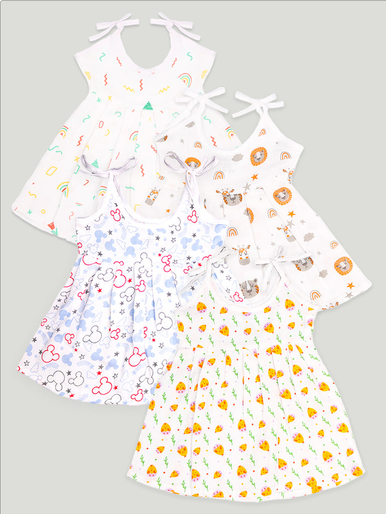 Kidbea Extra Soft Muslin Cotton Fabric Baby Girls Frock | Pack of 4 | Tiger, Mickey, Rainbow and Cute Chick Print | Print May Vary