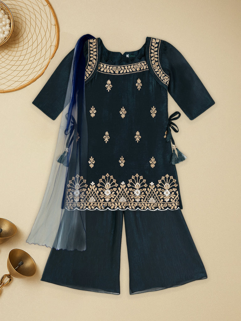 Kidbea Girls Indian Ethnic Suit Set | Kurti, Sharara Pants & Dupatta | Navy Blue