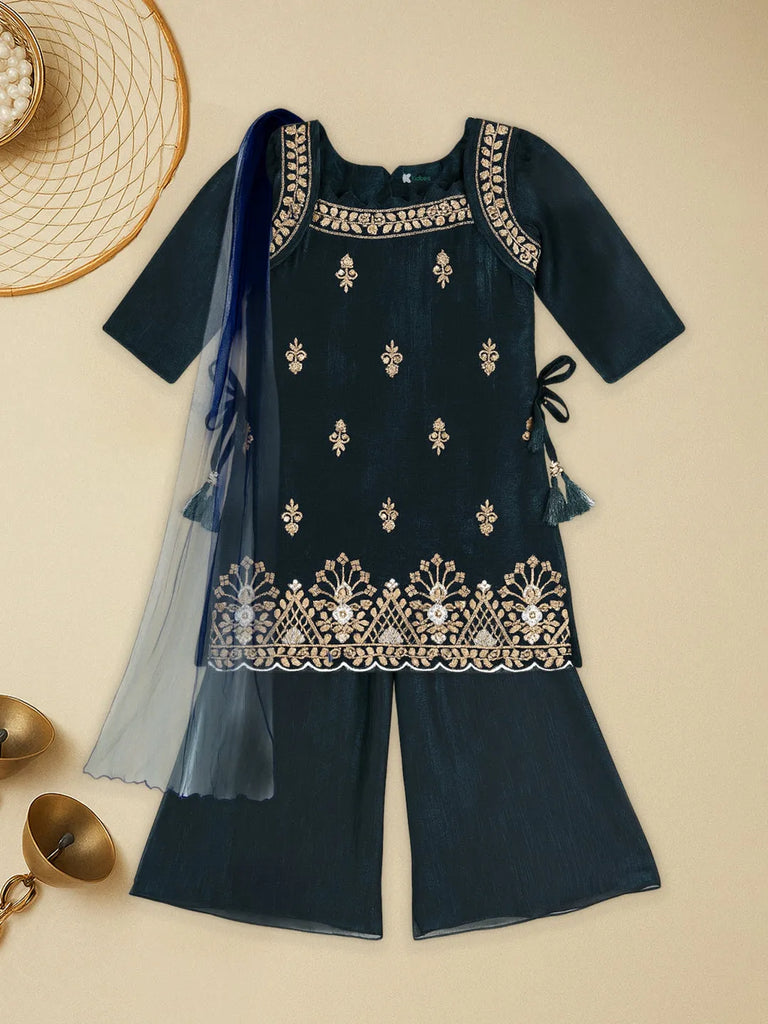 Girls Indian Ethnic Suit Set | Kurti, palazzo & Dupatta | Navy Blue