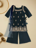 Girls Indian Ethnic Suit Set | Kurti, palazzo & Dupatta | Navy Blue