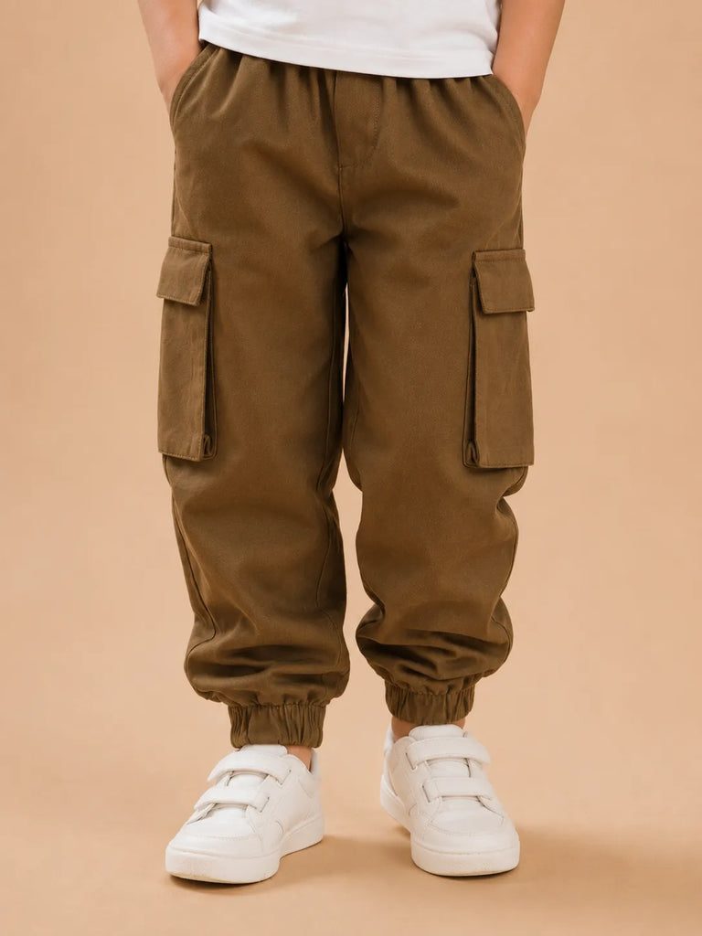 Unisex Cotton Kids Cargo Jogger Pants – Light Brown Comfortable Bottomwear