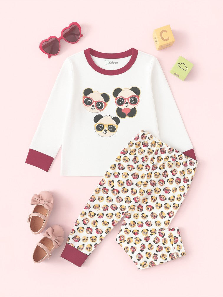 Kidbea Unisex Cotton Night Suit Set | Cute Panda Print | Full Sleeves Pyjama Set | White