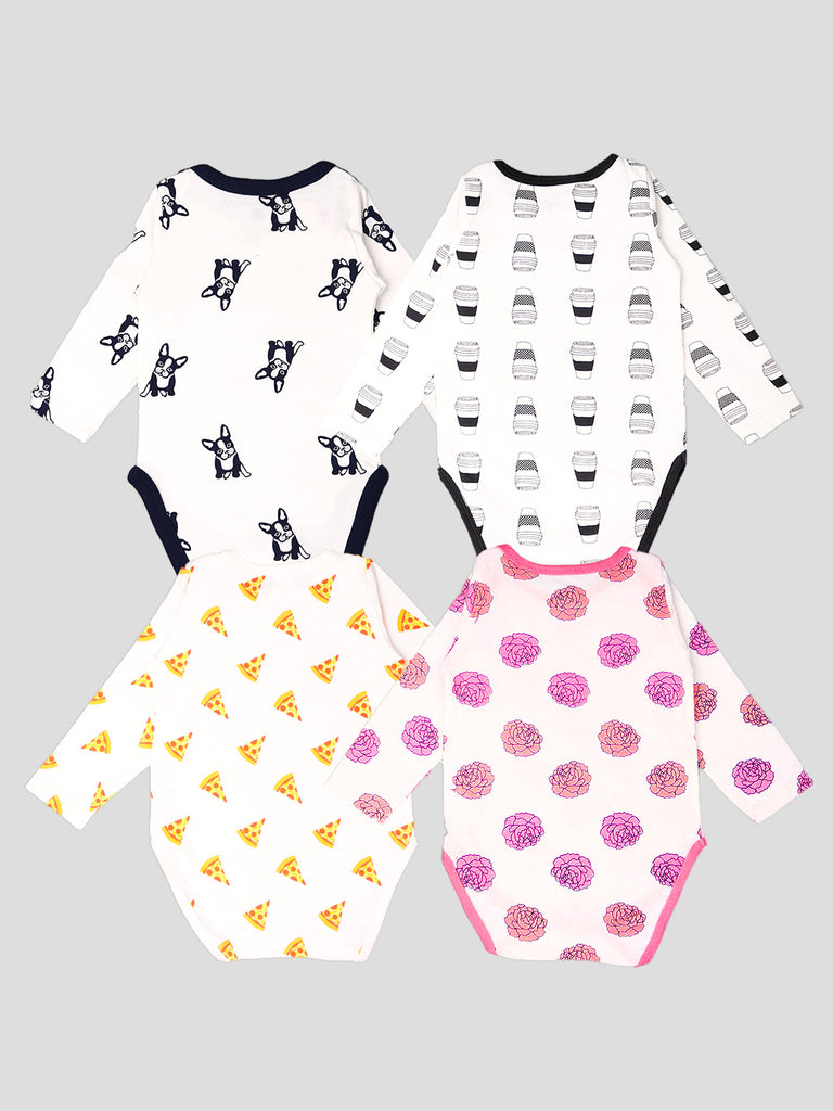 Kidbea 100% Organic cotton baby Pack of 4 onesies Unisex | Dog, Cup, Pizza & Flower