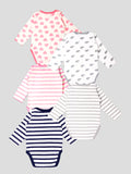 Kidbea 100% Organic cotton baby Pack of 5 onesies Unisex | Strips - Pink, Grey, Blue, Elephant & Heart