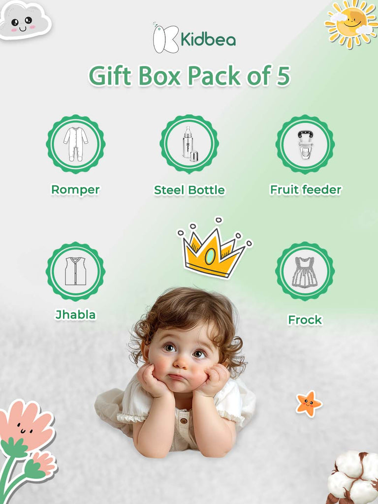 Kidbea® Premium Baby Gift Set – Pack of 5 Must-Haves | Bear Romper, Linen Frock, Cotton Jhabla, Steel Feeding Bottle & Fruit Feeder | Organic Newborn Gift Box
