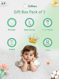 Kidbea® Premium Baby Gift Set – Pack of 5 Must-Haves | Bear Romper, Linen Frock, Cotton Jhabla, Steel Feeding Bottle & Fruit Feeder | Organic Newborn Gift Box